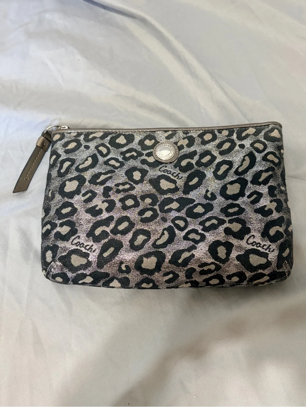 Coach Ocelot/Leopard Cosmetic Makeup Silver/Black Metallic Bag GUC